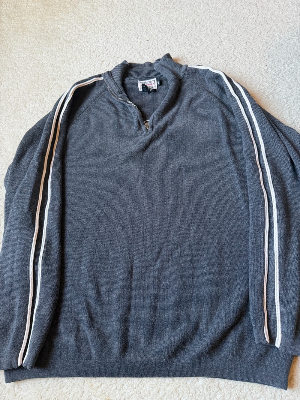 Men's Quarter-Zip Sweater with Contrast Sleeve Stripes - Gray